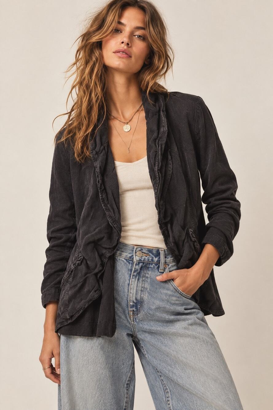 Free People Unstructured Linen Blend Jacket Black Size Large